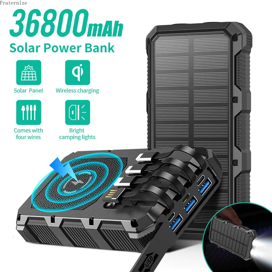 Solar Power Bank 36800mAh Portable Wireless5V3A Built-in Cables Flashlight