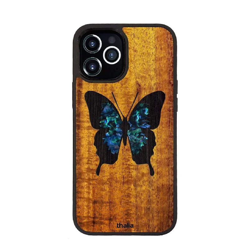 AAA Curly Hawaiian Koa & Blue Abalone Butterfly | iPhone Case