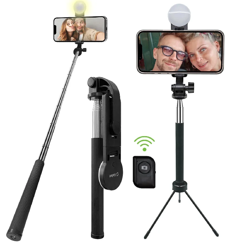 Selfie Stick with Attachable Tripod Base, 3 Adjustable Lighting Modes for Live Streams, Videos and Photos Compatible to iPhones and Androids