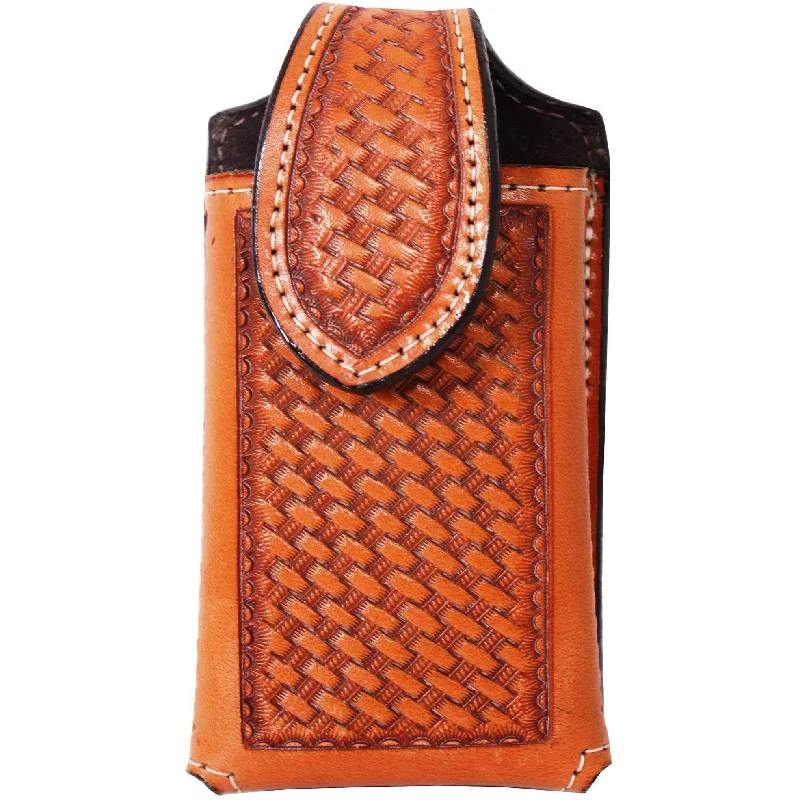 CPC05 - Natural Leather Basketweave Tooled Cell Phone Holder