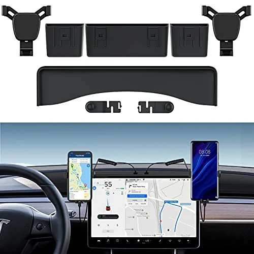 Phone Mount Wired Charger with 2 Adjustable Cellphone Holders for Tesla Model 3 & Y